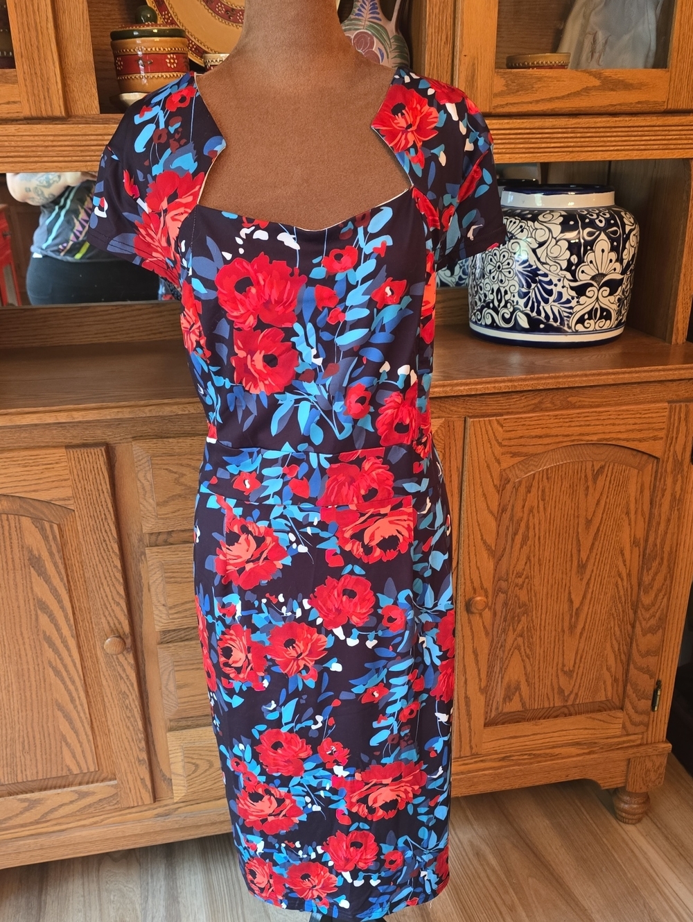 Grace Karin Navy Sheath Dress with Red & Blue Floral Print